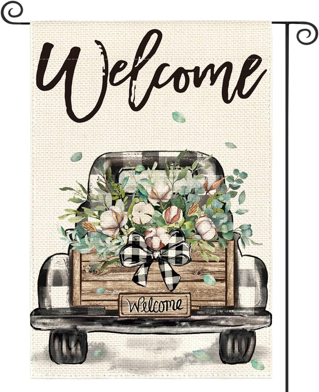 Welcome Spring Truck Garden Flag 12x18 Inch Double Sided, Cotton Rustic Buffalo Plaid Yard Outdoor Flag